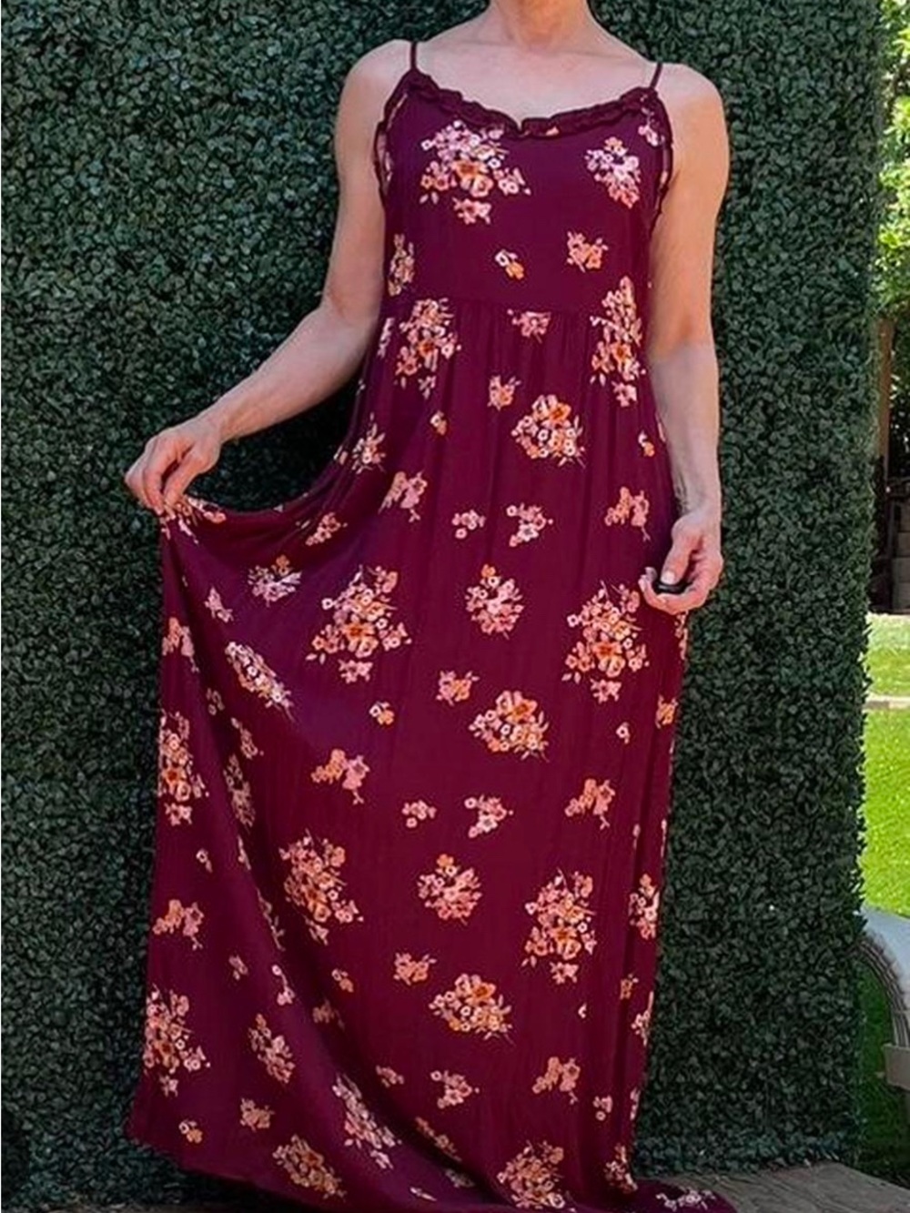 Floral Lace-Trim Burgundy Maxi Dress